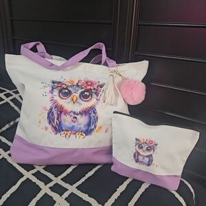 Kids Owl Tote and Matching Pouch - Lavender Accent